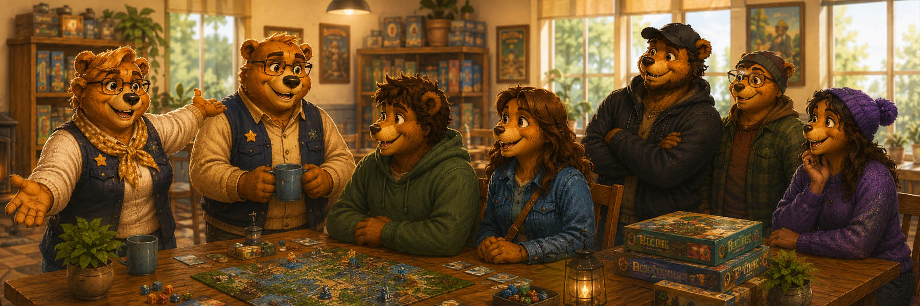 Order of the Bear community members gathered around a tabletop game at The Bear’s Den